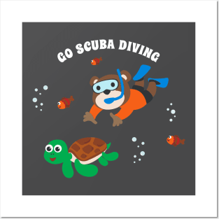 Diving with funny bear and turtle with cartoon style. Posters and Art